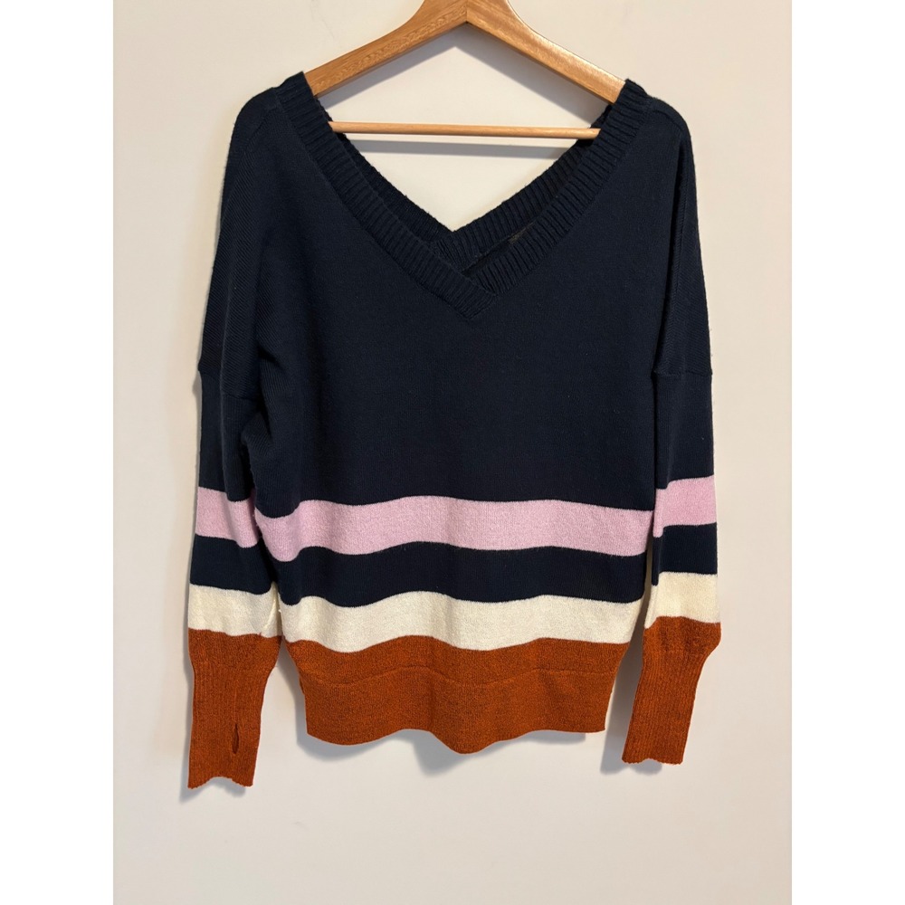 Prana Women Navy Blue Striped V-Neck Sweater Thumbhole Cuffs Size M